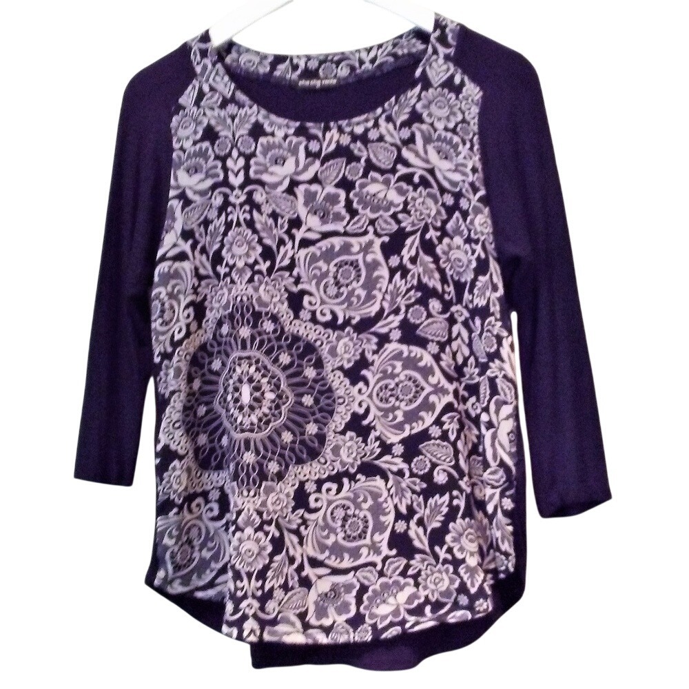 Cha Cha Vente Womens Petite Large Black Floral Mandala Mixed Media Raglan Top